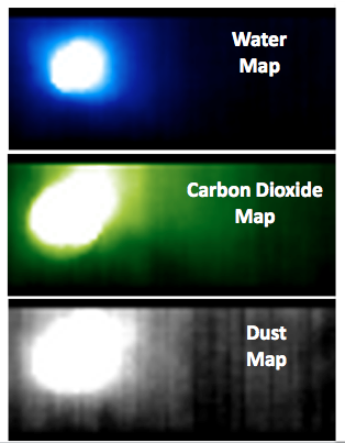 Distribution maps for carbon dioxide, water, and dust around 103P made using the HRI-IR