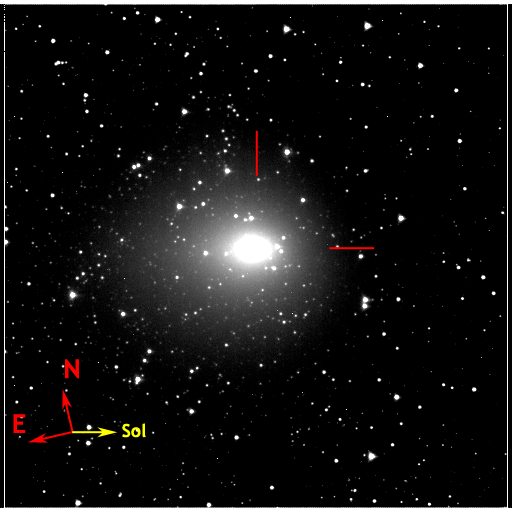 Image of 103P/Hartley taken 2010.10.31 by DI S/C and marked with directional pointers.