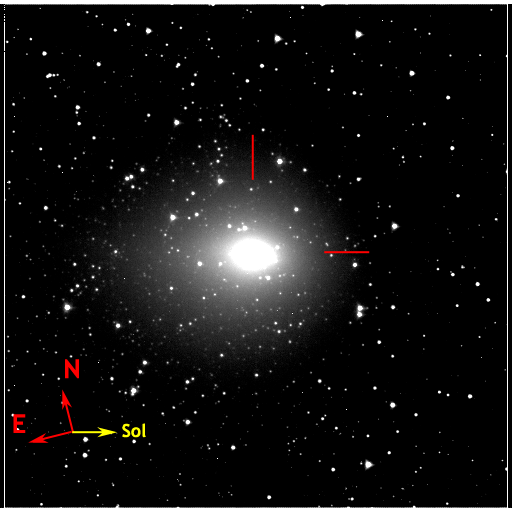 Image of 103P/Hartley taken 2010.11.01 by DI S/C and marked with directional pointers.