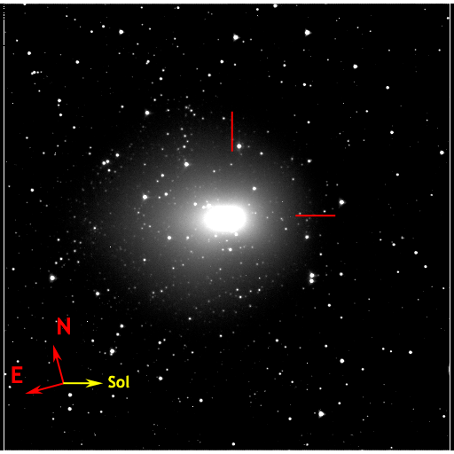 Image of 103P/Hartley taken 2010.11.02 by DI S/C and marked with directional pointers.