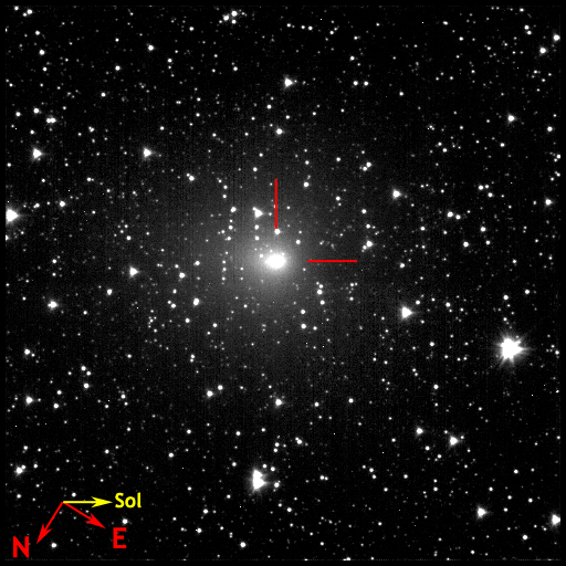 Image of 103P/Hartley taken 2010.11.25 by DI S/C and marked with directional pointers.